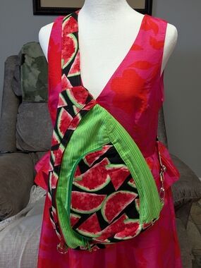 Boutique Watermelon Print Cotton Sling Bag Multi-Pocket Crossbody Fruit Print